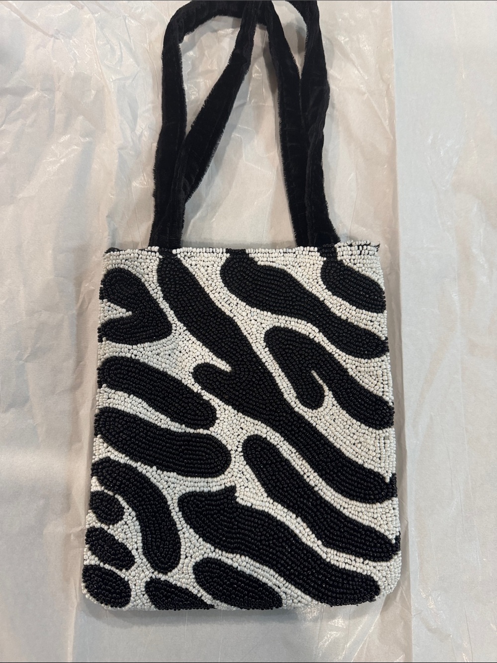 Black & White Beaded Zebra Print Velvet Tote Bag